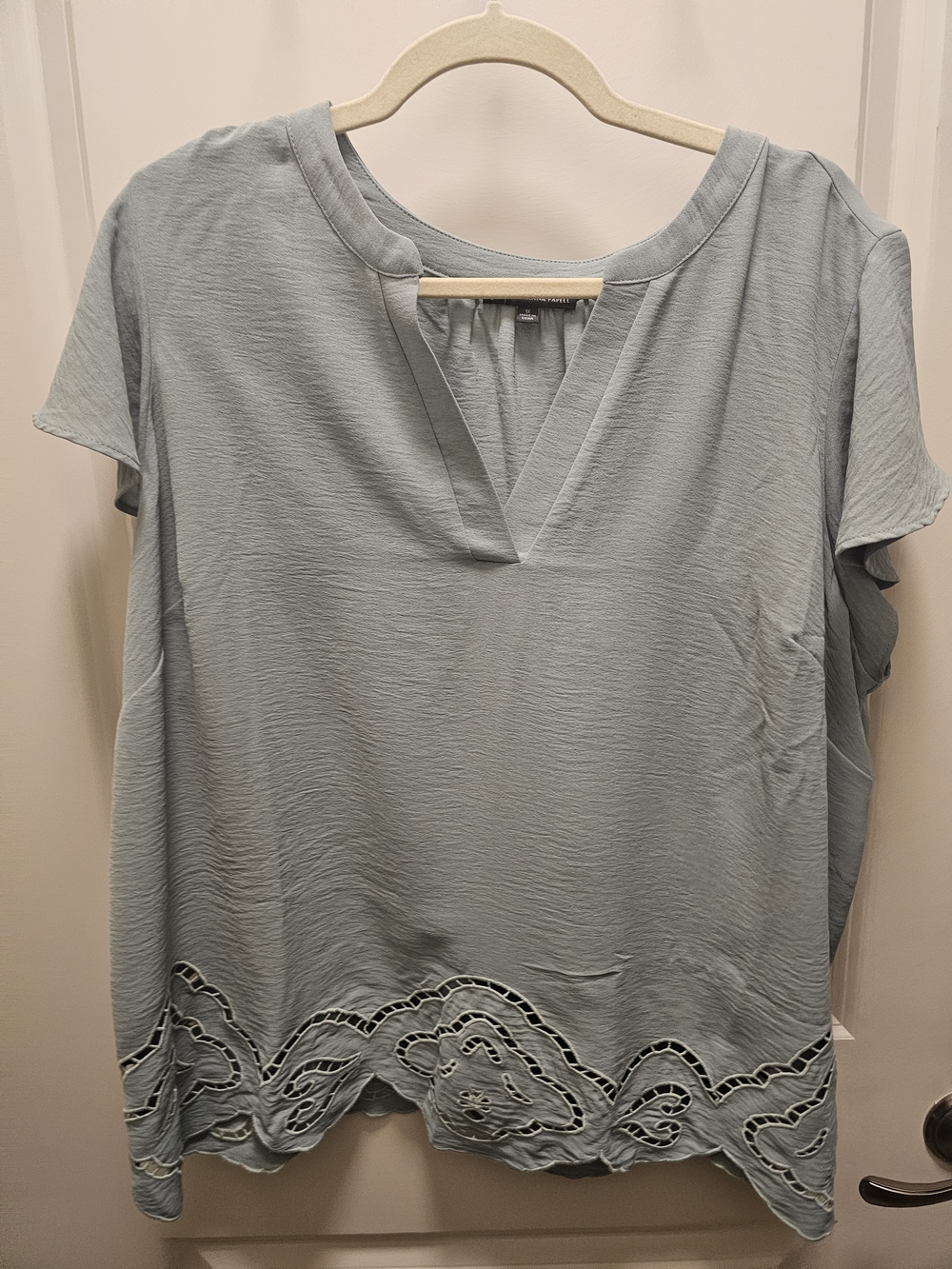 Adrianna Papell Pale Blue V-Neck Blouse with Scalloped Lace Hem